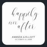 Happily Ever After Black White Typography Wedding Square Sticker<br><div class="desc">Typography wedding favour stickers featuring the message, "Happily Ever After" in black calligraphy with a heart dotting the "i", over a white background. Below are your names and date. The simple and minimal layout and lots of open space give this design a modern feel and the calligraphy lettering and heart...</div>