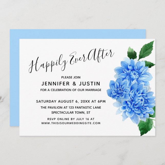 Happily Ever After Blue Painted Dahlias Reception Invitation (Front/Back)