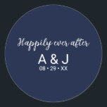 Happily Ever After Blue White Monogrammed Wedding Classic Round Sticker<br><div class="desc">Customise this elegant wedding invitation envelope seals and favour stickers. A simple and minimalistic design featuring an elegant "happily ever after" white script typography,  followed by simple and modern sans serif font for the newlyweds monogrammed initials and wedding date,  on sophisticated blue background.</div>