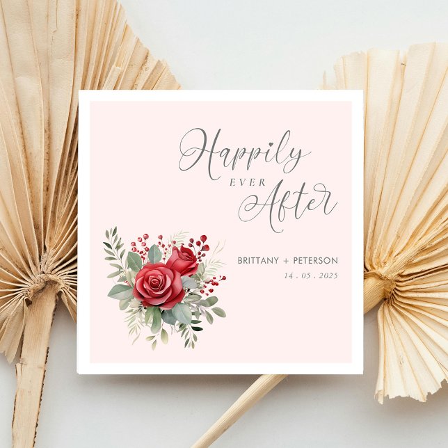 Happily Ever After Blush Wedding Napkins with Rose (Happily Ever After Blush Wedding Napkins with Rose Personalized)