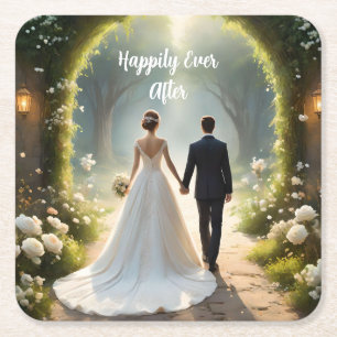 Happily Ever After Bride And Groom,  Square Paper Coaster