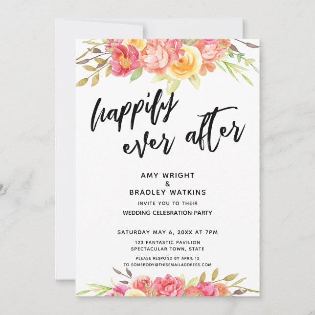 Happily Ever After Bright Floral Wedding Reception Invitation (Front)