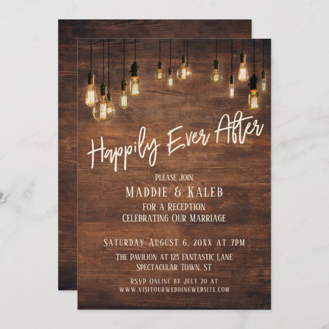 Happily Ever After Brown Wood Wall Edison Lights Invitation (Front/Back)