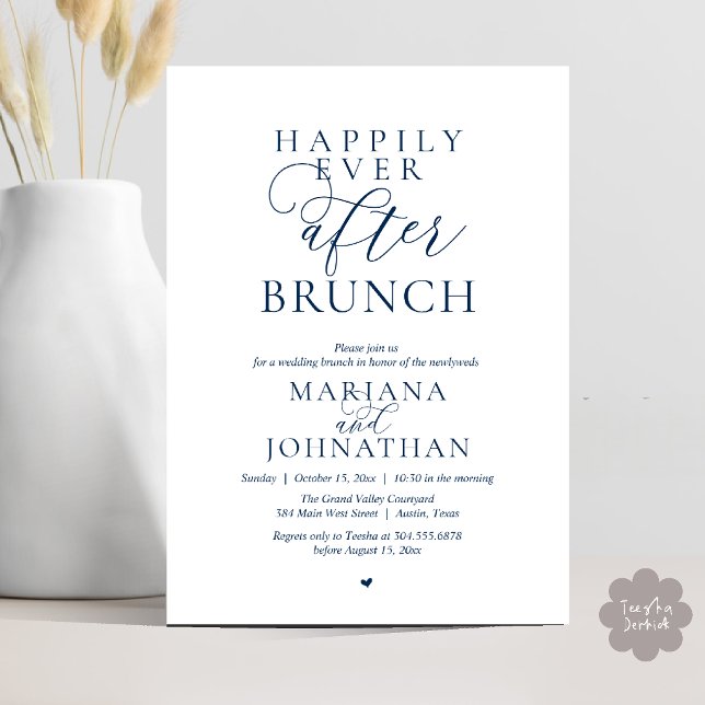  Happily Ever After Brunch, Modern Elegant Wedding Invitation (Happily Ever After Brunch, Modern Elegant Wedding Farewell Invitation card in navy blue)