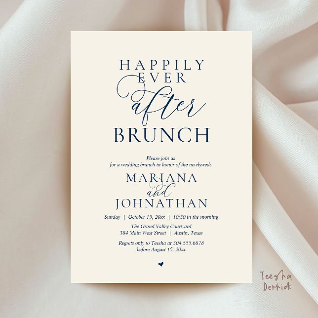  Happily Ever After Brunch, Modern Elegant Wedding Invitation (Happily Ever After Brunch, Modern Elegant Wedding Farewell Invitation card in navy blue and ivory)