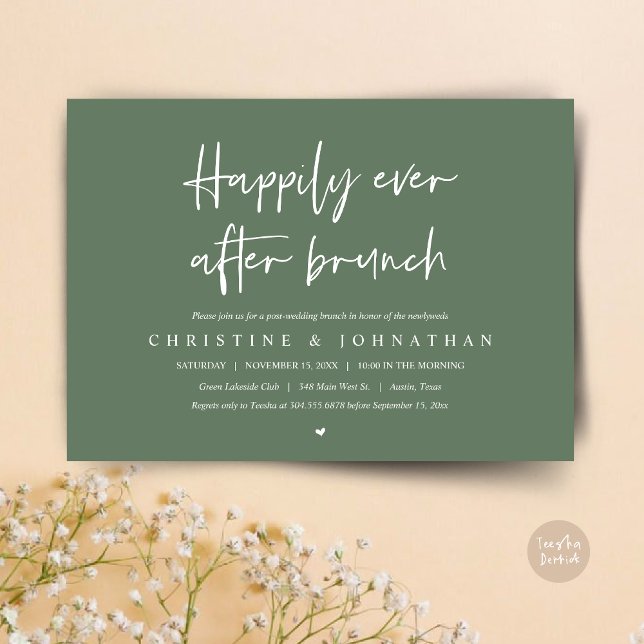 Happily ever after brunch, post wedding invitation (Happily ever after brunch party, post wedding invitation card, pdf, in forest sage green)