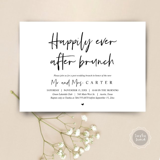Happily ever after brunch, post wedding invitation (Happily Ever After Brunch Invitation Card, Post wedding, Modern Script, Timeless Black and White)