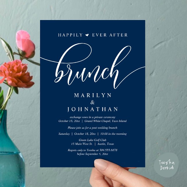 Happily Ever After Brunch, Post Wedding Invitation (Happily Ever After Lunch, Wedding Party Invitation Card PDF Modern Beautiful Navy Blue)