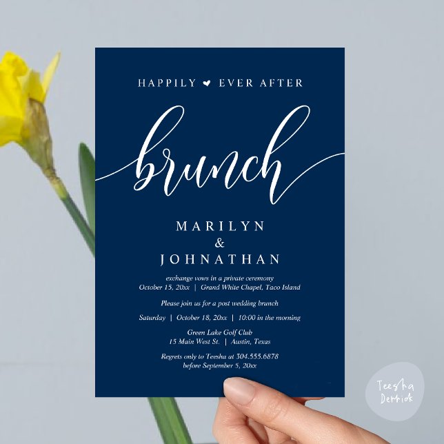 Happily Ever After Brunch, Post Wedding Invitation (Happily Ever After Lunch, Wedding Party Invitation Card PDF Modern Beautiful Navy Blue)