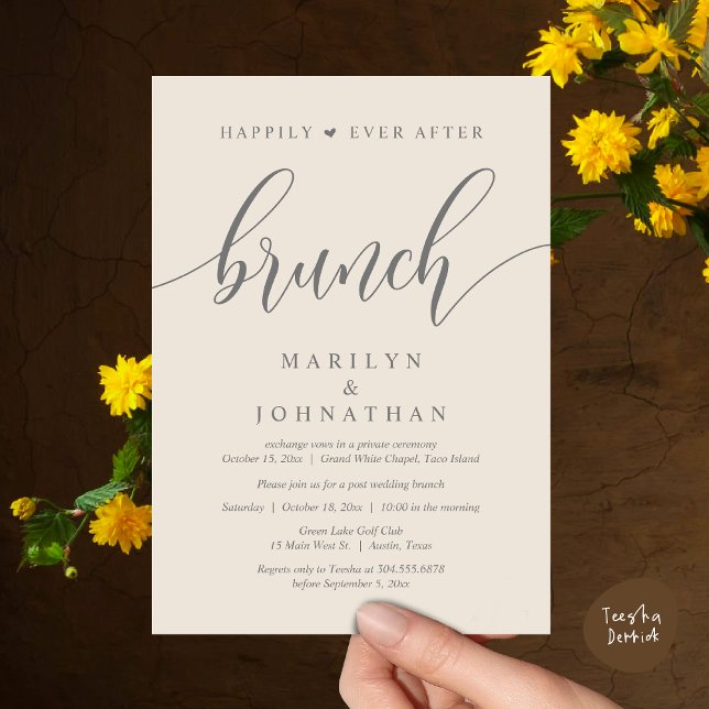 Happily Ever After Brunch, Post Wedding Invitation (Happily Ever After Brunch, Wedding Party Invitation Card PDF Modern Beautiful Cream Grey)