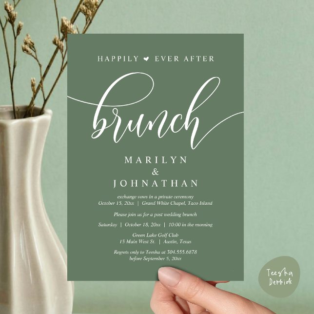 Happily Ever After Brunch, Post Wedding Invitation (Happily Ever After Brunch, Wedding Party Invitation Card PDF Modern Beautiful Greenery Sage Green)