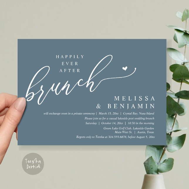 Happily Ever After Brunch Wedding Elopement Invitation (Happily Ever After Brunch, Modern Romantic Heart Wedding Elopement Card, PDF, in Dusty Blue)