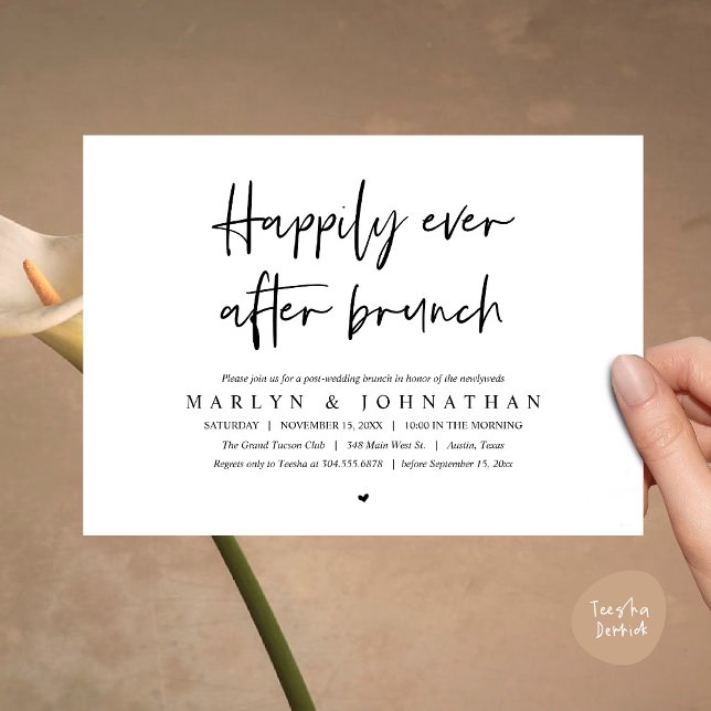 Happily Ever After Brunch, Wedding Elopement Invitation (Happily Ever After Brunch, Modern Romantic Post Wedding Invitation Card, PDF, White Black)