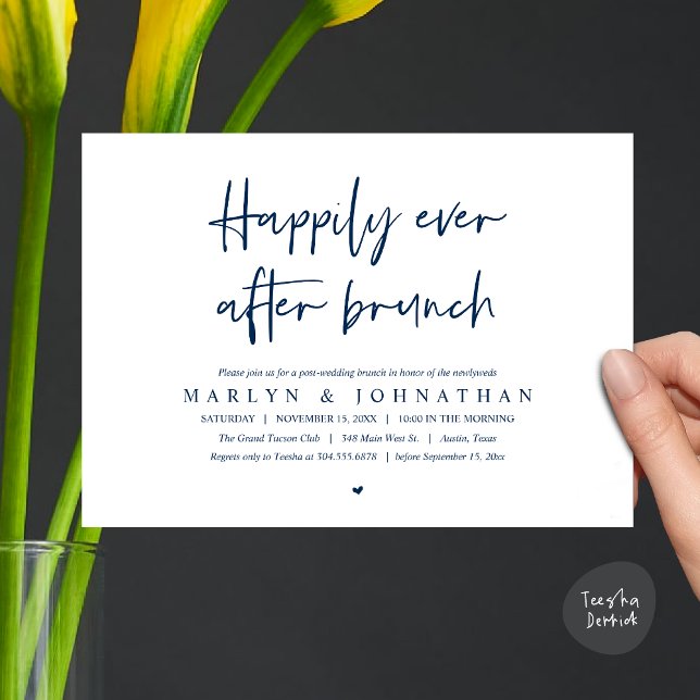 Happily Ever After Brunch, Wedding Elopement Invitation (Happily Ever After Brunch, Modern Romantic Post Wedding Invitation Card, PDF, navy Blue)