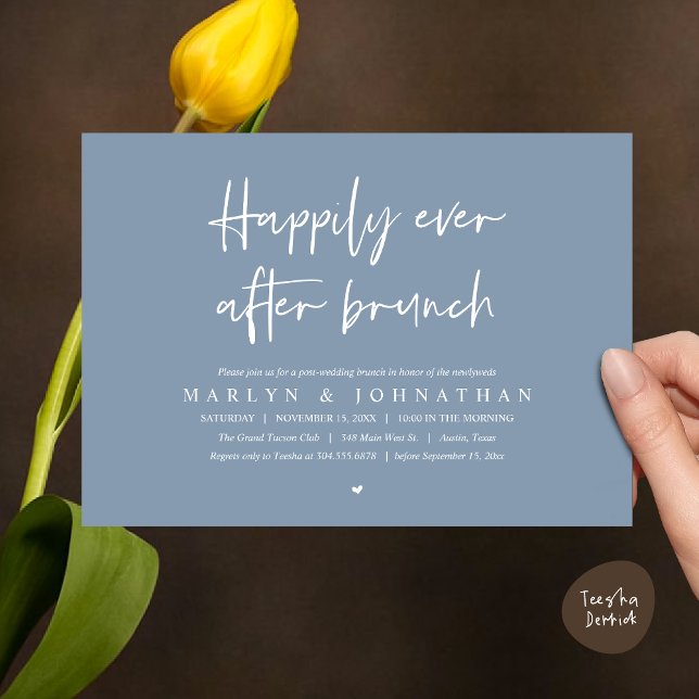 Happily Ever After Brunch, Wedding Elopement Invitation (Happily Ever After Brunch, Modern Romantic Post Wedding Invitation Card, PDF, Dusty Blue)