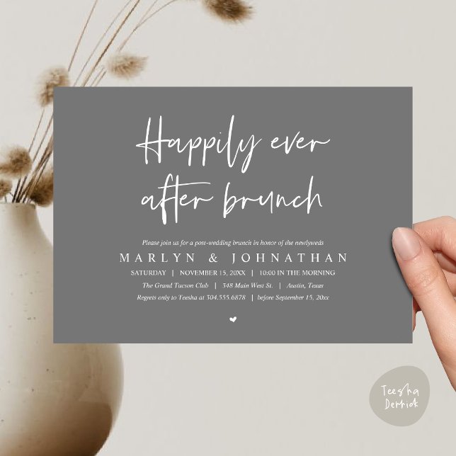 Happily Ever After Brunch, Wedding Elopement Invitation (Happily Ever After Brunch, Modern Romantic Post Wedding Invitation Card, PDF, Dark Grey)