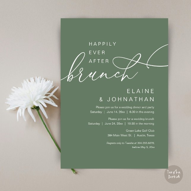 Happily Ever After Brunch, Wedding Elopement Party Invitation (Happily Ever After Brunch Invitation Card, PDF, in Modern Romantic Script, Forest Sage Green)
