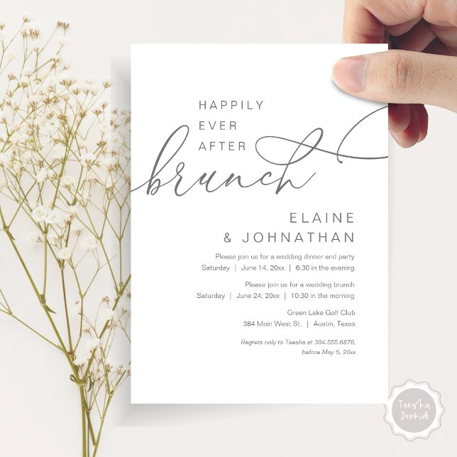 Happily Ever After Brunch, Wedding Elopement Party Invitation (Happily Ever After Brunch Invitation Card, PDF, in Modern Romantic Script, Dark Grey)