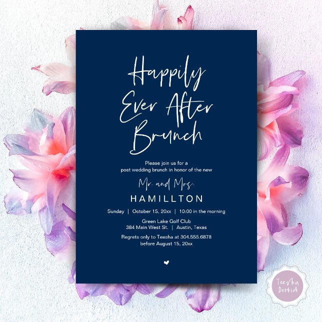 Happily Ever After Brunch, Wedding Elopement Party Invitation (Happily Ever After Brunch The Morning After Invitation Card PDF Newlyweds in Navy Blue)