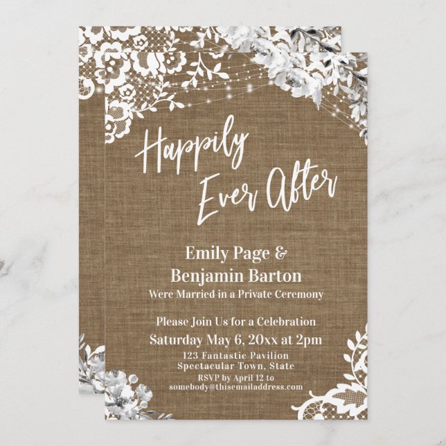 Happily Ever After Burlap Lace Floral Lights Invitation (Front/Back)