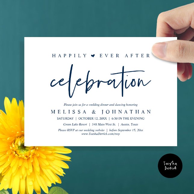 Happily Ever After Celebration, Wedding Dinner Invitation (Happily Ever After Celebration, Wedding Dinner Invitation Card, PDF, Modern Script, in Navy Blue)