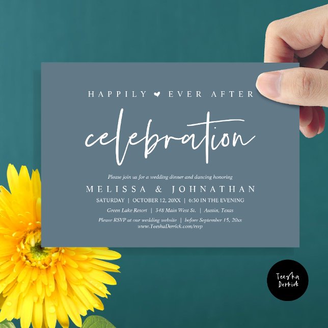 Happily Ever After Celebration, Wedding Dinner Invitation (Happily Ever After Celebration, Wedding Dinner Invitation Card, PDF, Modern Script, in Dusty Blue)