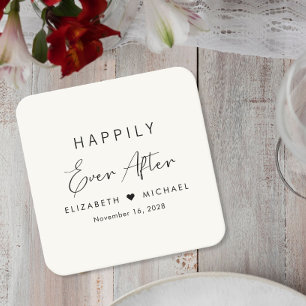 Happily Ever After Cream Wedding Square Paper Coaster