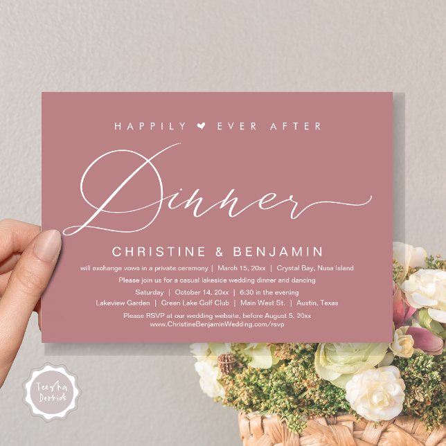 Happily Ever After Dinner Elopement, Modern Script Invitation (Happily Ever After Dinner Invitation Card, PDF, Modern Romantic Script, in Dusty Rose Pink)