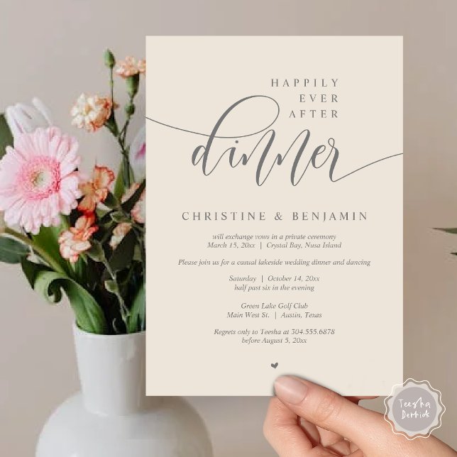 Happily Ever After Dinner, Elopement Modern Script Invitation (Happily Ever After Dinner, Modern Wedding Elopement Party Invitation Card, PDF, Dark Grey Cream)