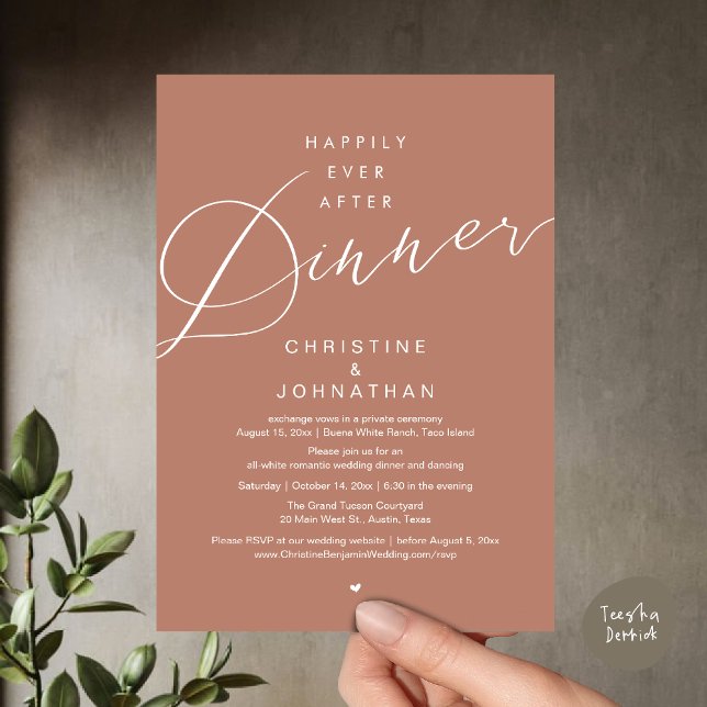 Happily Ever After Dinner, Modern Romantic Wedding Invitation (Happily Ever After Dinner Invites Card PDF modern romantic minimalist rustic terracotta earthy brown)