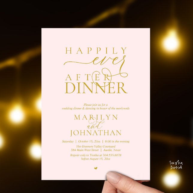 Happily Ever After Dinner Modern Wedding Reception Invitation (Happily Ever After Dinner Modern Wedding Reception Invitation card in Blush yellow gold)