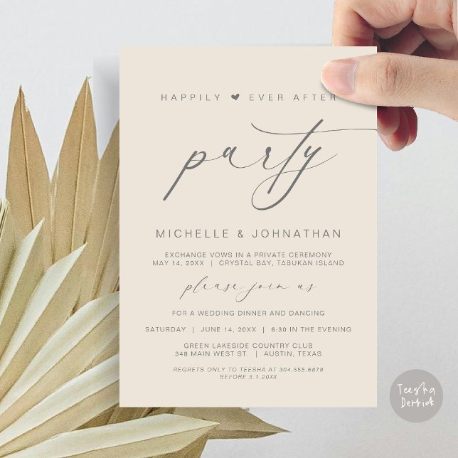 Happily Ever After Dinner Party, Wedding Elopement Invitation (Happily Ever After Party, Wedding Elopement Dinner Brunch Invitation Card, PDF, Cream Grey)