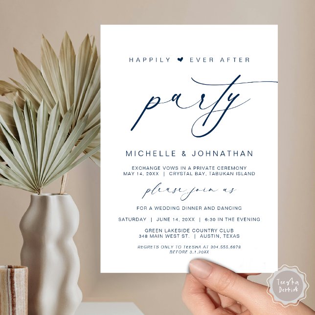 Happily Ever After Dinner Party, Wedding Elopement Invitation (Happily Ever After Party, Wedding Elopement Dinner Brunch Invitation Card, PDF, Navy Blue)