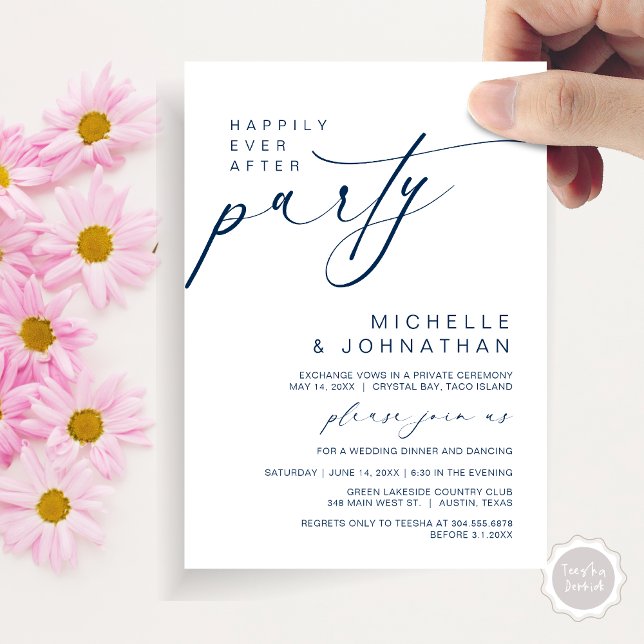 Happily Ever After Dinner Party, Wedding Elopement Invitation (Happily Ever After Party, Wedding Elopement Dinner Brunch Invitation Card, PDF, Navy Blue)