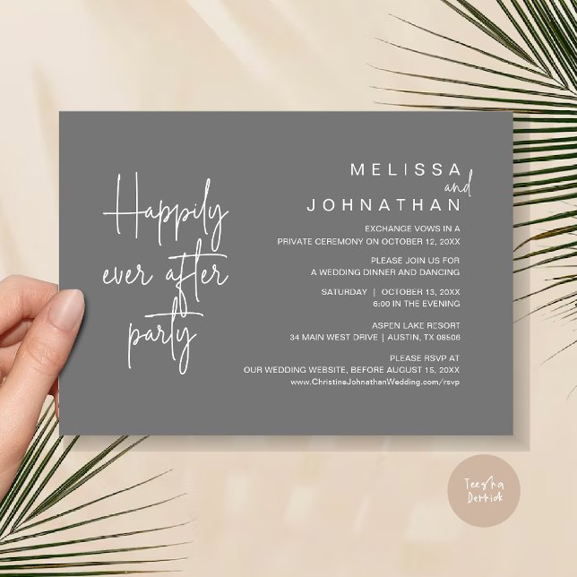 Happily Ever After Dinner, Wedding Elopement Invitation (Happily Ever After Party, Modern Wedding Elopement Dinner Invitation Card, PDF, in Dark Grey)