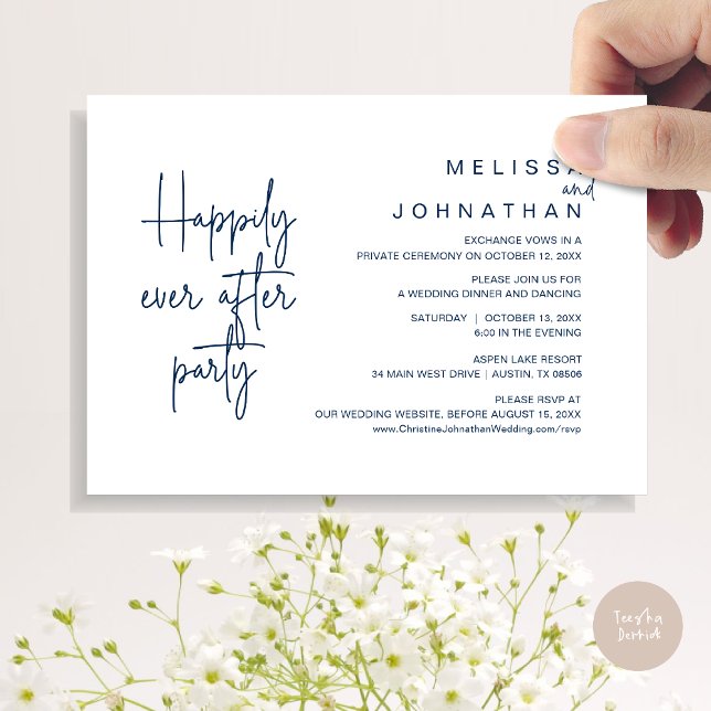 Happily Ever After Dinner, Wedding Elopement Invitation (Happily Ever After Party, Modern Wedding Elopement Dinner Invitation Card, PDF, in Navy Blue)