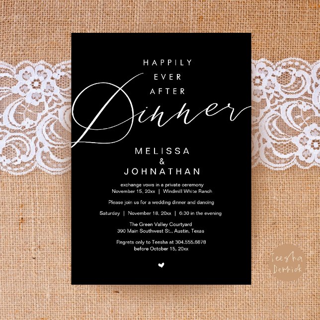 Happily Ever After Dinner Wedding Elopement Party Invitation (Happily Ever After Dinner Wedding Elopement Party Invitation Card in White and Black)