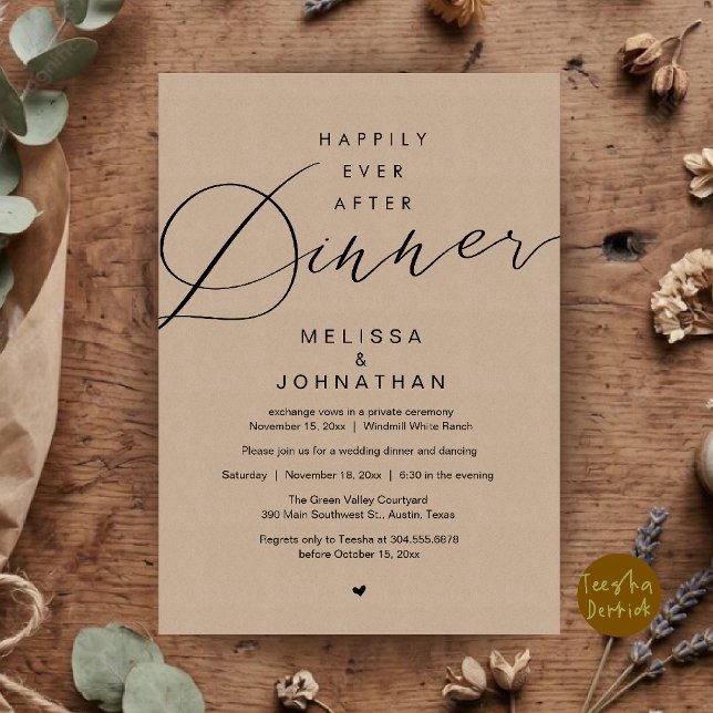 Happily Ever After Dinner Wedding Elopement Party Invitation (Happily Ever After Dinner Wedding Elopement Party Invitation Card in Brown Kraft)