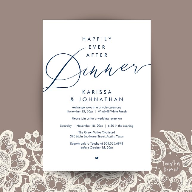 Happily Ever After Dinner Wedding Elopement Party Invitation (Happily Ever After Dinner Wedding Elopement Party Invitation Card in navy blue)