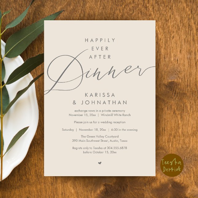 Happily Ever After Dinner Wedding Elopement Party Invitation (Happily Ever After Dinner Wedding Elopement Party Invitation Card in Dark Grey and Cream)
