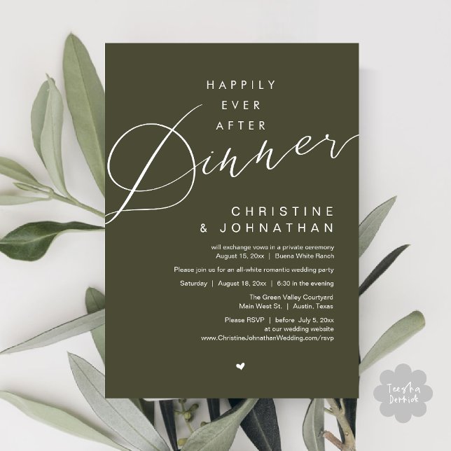 Happily Ever After Dinner Wedding Elopement Party Invitation (Happily Ever After Party Invitation Card PDF Modern Wedding Dinner Dancing  Olive Green)