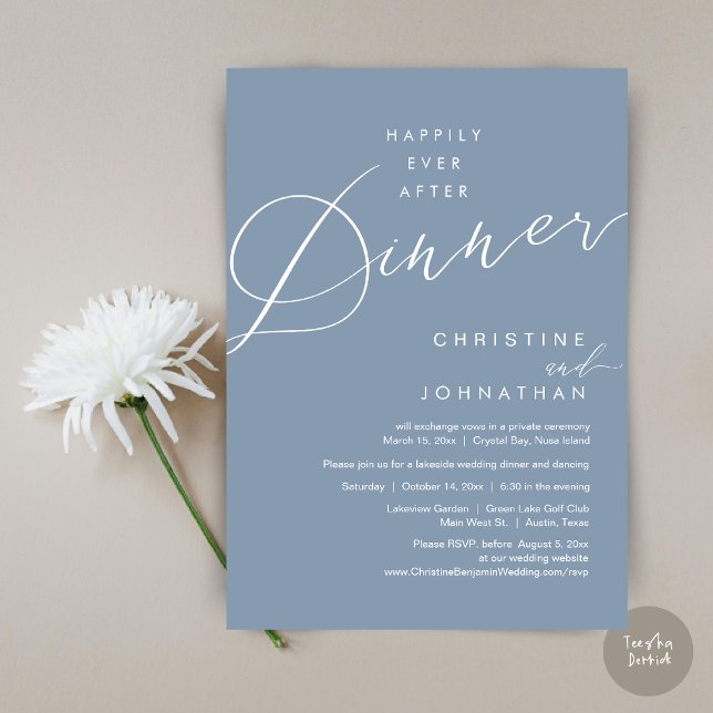 Happily Ever After Dinner Wedding Elopement Script Invitation (Happily Ever After Dinner Wedding Elopement Script Invitation Card, PDF, Modern Romantic, Dusty Blue)