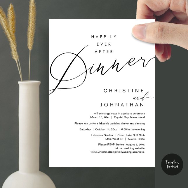 Happily Ever After Dinner Wedding Elopement Script Invitation (Happily Ever After Dinner Wedding Elopement Script Invitation Card, PDF, Modern Romantic, in Black)