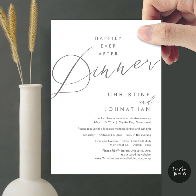 Happily Ever After Dinner Wedding Elopement Script Invitation (Happily Ever After Dinner Wedding Elopement Script Invitation Card, PDF, Modern Romantic, Dark Grey)