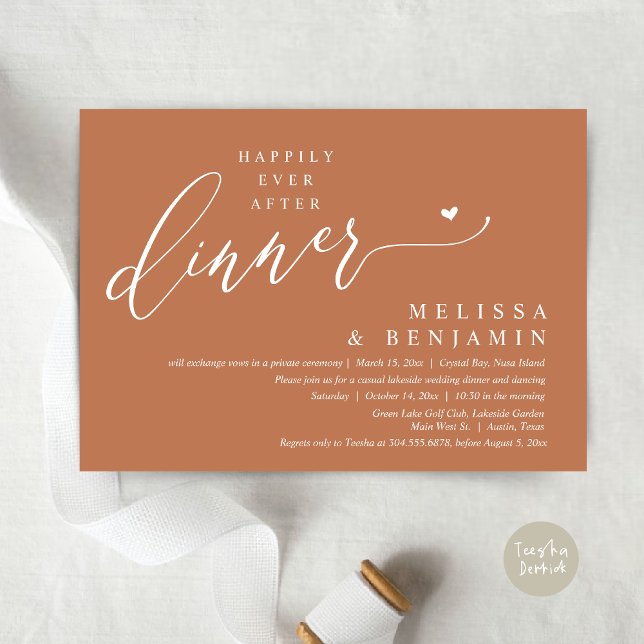 Happily Ever After Dinner Wedding Heart Invitation (Happily Ever After Dinner Invitation Card, PDF, Romantic Wedding Elopement, Lovely Heart, in Copper)