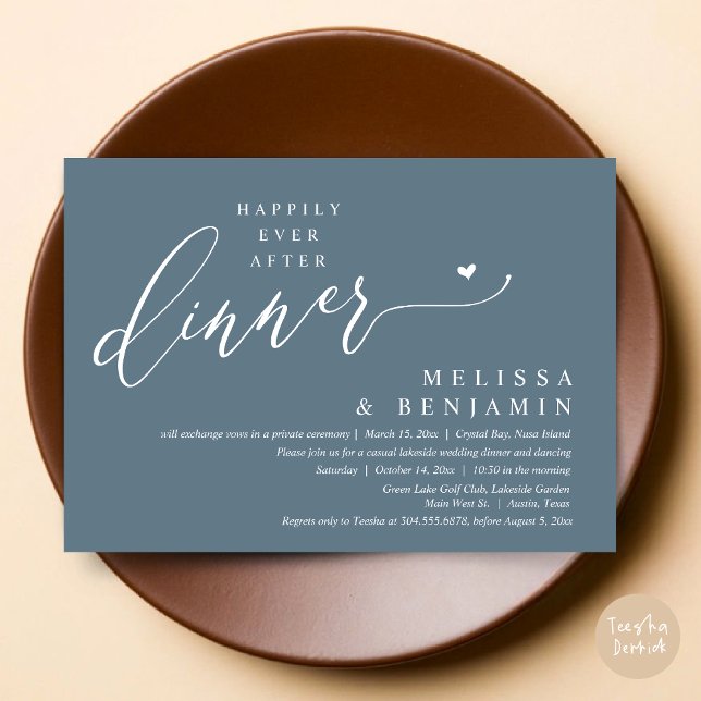 Happily Ever After Dinner Wedding Heart Invitation (Happily Ever After Dinner Invitation Card, PDF, Romantic Wedding Elopement, Lovely Heart, Dusty Blue)