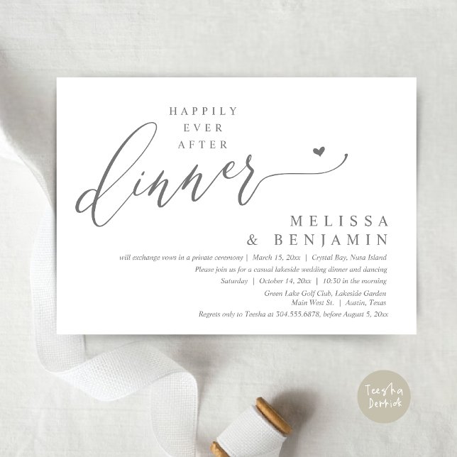 Happily Ever After Dinner Wedding Heart Invitation (Happily Ever After Dinner Invitation Card, PDF, Romantic Wedding Elopement, Lovely Heart, Dark Grey)