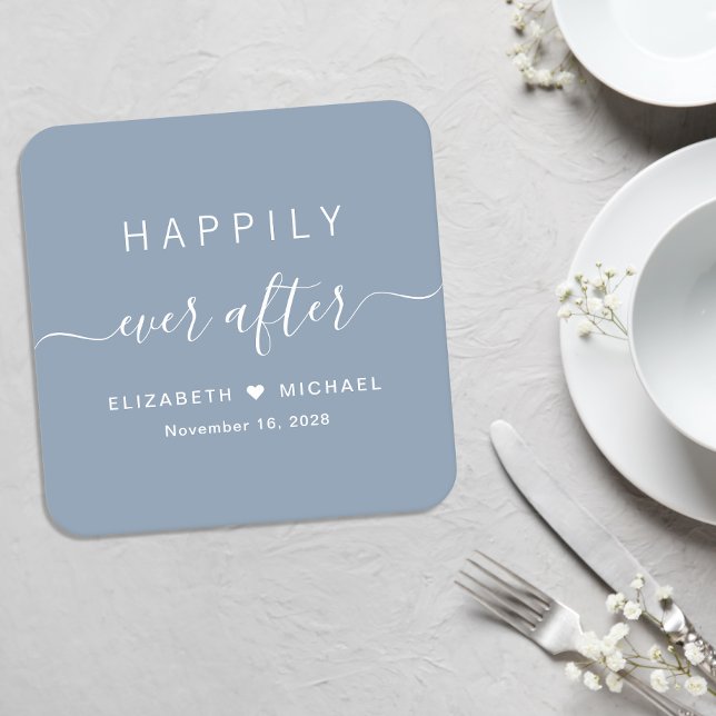Happily Ever After Dusty Blue Wedding Square Paper Coaster (Creator Uploaded)