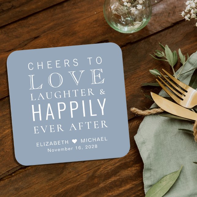 Happily Ever After Dusty Blue Wedding Square Paper Coaster (Creator Uploaded)