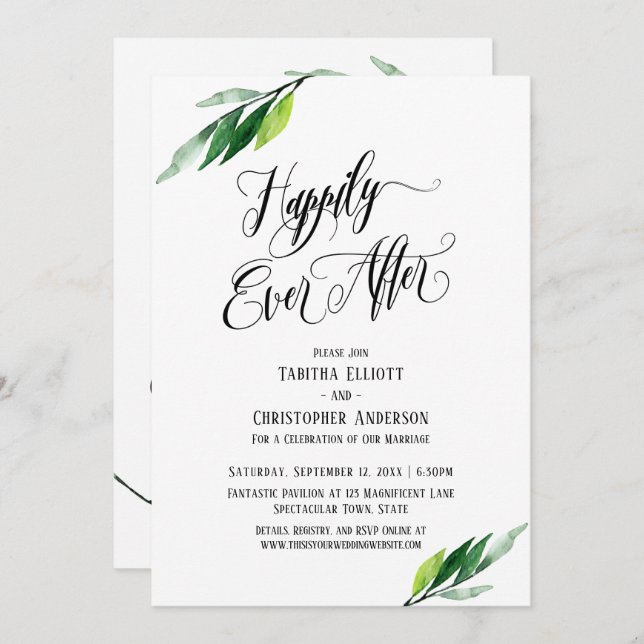 Happily Ever After Elaborate Script Greenery Invitation (Front/Back)